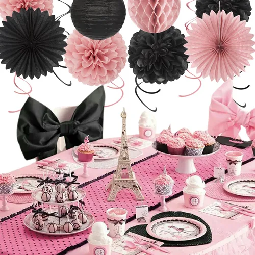 Miniatura 2 de Cartel de feliz cumpleaños rosa y negro para decoración de fiesta – 31 piezas de oro rosa 14º 40º para mujeres y niñas, faroles de papel