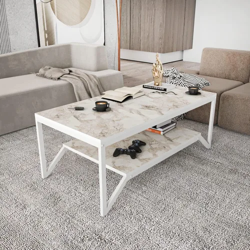 Miniatura 7 de Flora - Mesa auxiliar rectangular moderna de diseño industrial de 47 pulgadas de ancho, parte superior de madera con acabado de mármol, marco