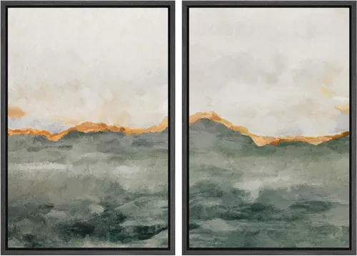 MUDECOR - Juego de 2 lienzos enmarcados para pared, dorado, gris, pastel, acuarela, formas abstractas, decorativo, bohemio, tranquilo/zen para sala,