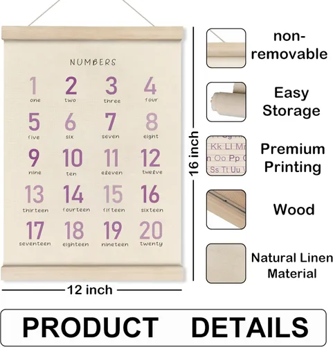 Miniatura 7 de HRQKO Juego de Marco para Póster de Alfabeto y Números, Decoración de Pared para Niñas, Arte de Pared Boho ABC con Marcos de Madera, Bandera