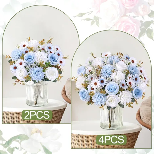 Miniatura 6 de Dremisland Fake Flower Bouquets,2 Packs Silk Rose Daisy Bouquet Artificial Flower Arrangement Realistic Rose Bouquets for Centerpiece Table Wedding