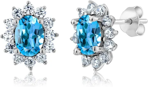 Miniatura 287 de Gem Stone King Aretes ovalados de plata de ley 925 de 0.276 x 0.197 in con piedra natal de la princesa Diana, estilo halo real para mujeres