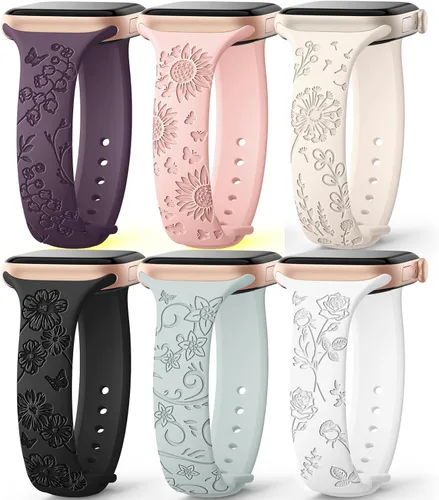 Miniatura 8 de AMSKY Paquete de 6 correas delgadas con grabado floral compatibles con Apple Watch Band 1.575 in 1.614 in 1.654 in 1.496 in 1.732 in 1.772 in 1.811