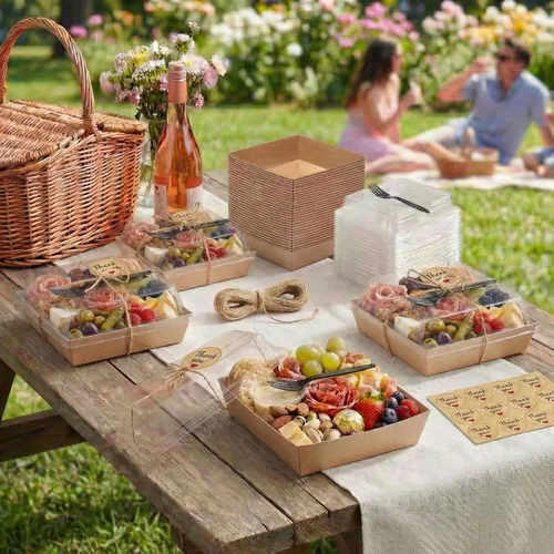 Miniatura 6 de Leafiew Paquete de 50 Cajas de Charcutería Individuales Pequeñas con Tapas Transparentes y Tenedores - Mini Caja de Charcutería de Papel Para
