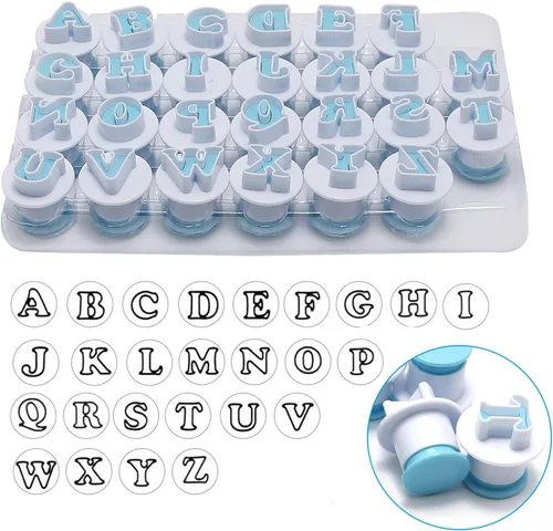 Miniatura 7 de Juego de 26 piezas de sellos para galletas con impresión, cortadores de galletas con letras del alfabeto, molde para galletas y bizcochos