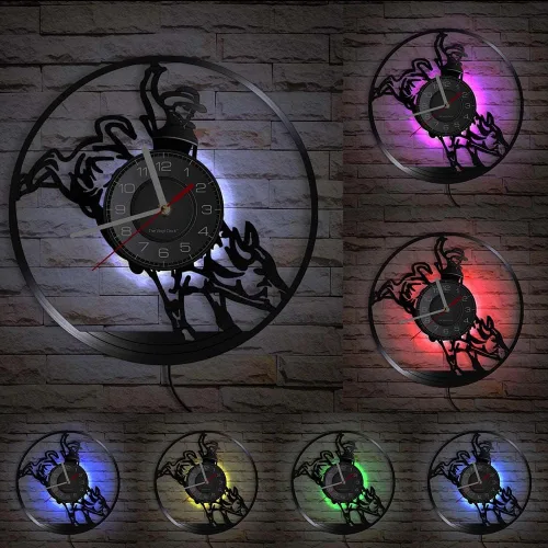 Reloj de pared de disco de vinilo LED Western Cowboy de 12 pulgadas con 7 colores cambiantes, reloj de pared vintage Wild West Bull Rider decorativo