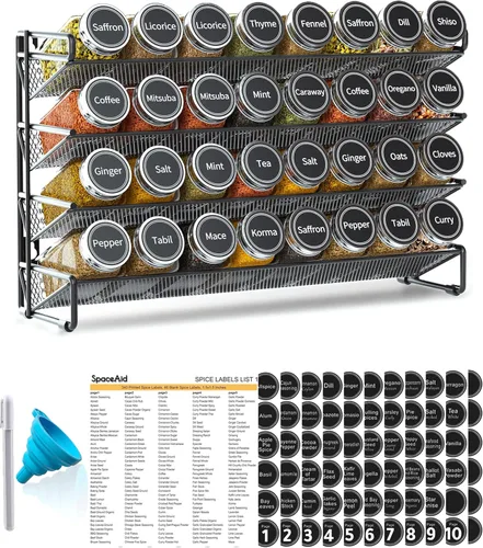 Organizador de especias SpaceAid con 32 tarros de especias, 386 etiquetas de especias, marcador de tiza y juego de embudo para gabinete, encimera,