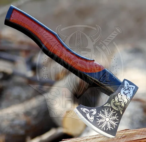 Miniatura 8 de SHINY CRAFTS® Hacha vikinga hecha a mano – Hoja nórdica grabada con mango de madera, regalo único para hombres, coleccionistas y entusiastas