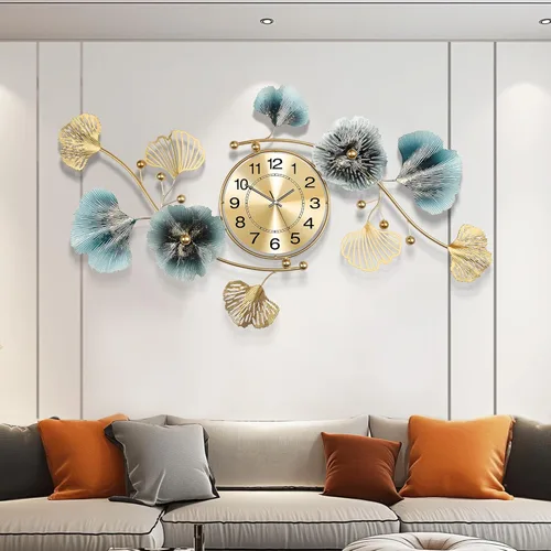 Relojes de pared para decoración de sala de estar, reloj de pared grande, diseño creativo 3D de hoja de ginkgo de metal, con movimiento silencioso,