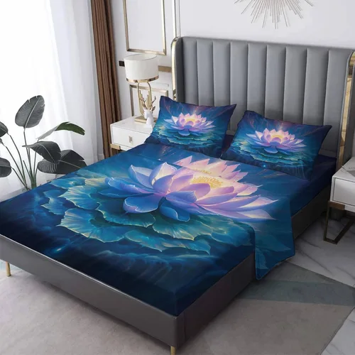 Miniatura 8 de Lotus Sábanas tamaño individual – Sábanas de cama de flor de loto, microfibra suave, bolsillo profundo, sábanas y fundas de almohada sin arrugas, 3