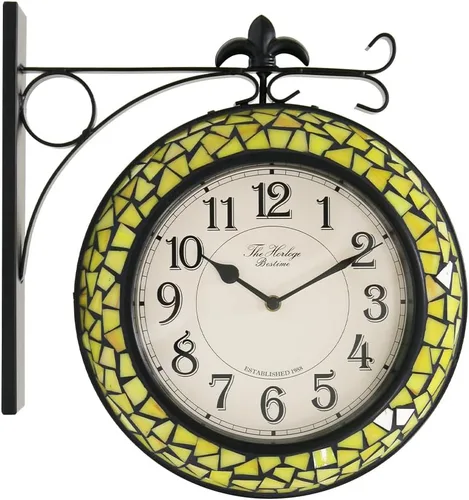 BESTIME 66298 Reloj de pared de doble cara con vidrieras. Esfera: 10 pulgadas, silencioso, fácil de leer, estación retro, relojes colgantes antiguos