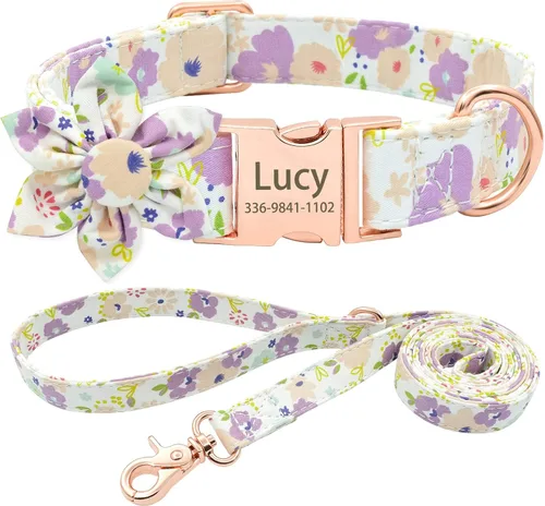 Miniatura 10 de Collar de perro con bonito lazo personalizado con nombre, collar floral personalizado con hebilla dorada grabada para perras pequeñas, medianas