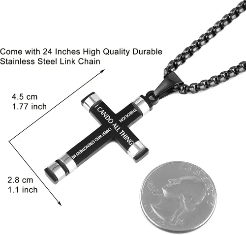Miniatura 4 de HZMAN - Collar de acero inoxidable con colgante de cruz de fuerza, 3 colores disponibles, texto bíblico en inglés Filipenses 4:13