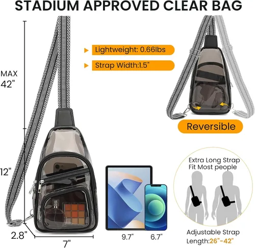 Miniatura 3 de Sisipoet Bolsa transparente para eventos en estadios, bolsa cruzada transparente para conciertos, riñonera para mujeres y hombres, bolsas Semi negro