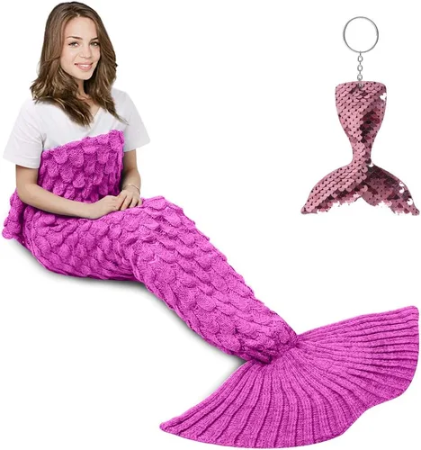 Miniatura 11 de AmyHomie Manta de cola de sirena, manta para niños, saco de dormir de sirena de ganchillo, regalo de sirena para niñas (azul claro, niños)