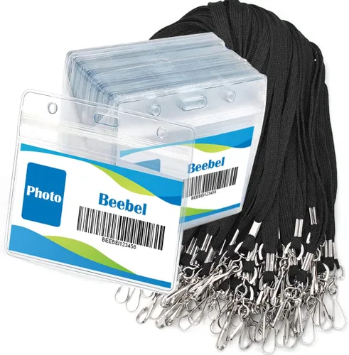 Beebel Cordón con soporte impermeable para tarjetas de identificación, 50 unidades, etiquetas horizontales de plástico transparente, tarjetas de