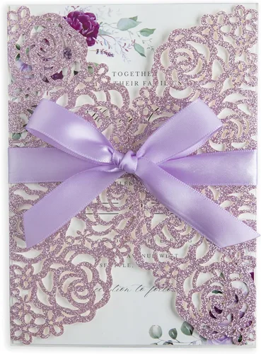 Miniatura 9 de ponatia 25 unidades por lote de 250 GSM, 5.12 x 7.1 pulgadas, con purpurina, rosa hueca con cinta burdeos, para boda, despedida de soltera