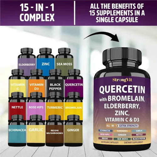 Miniatura 6 de StrongVit Quercetina con bromelina, saúco, vitamina C, D3 y zinc. Suplemento de apoyo súper inmunológico. Complejo orgánico para hombres y mujeres
