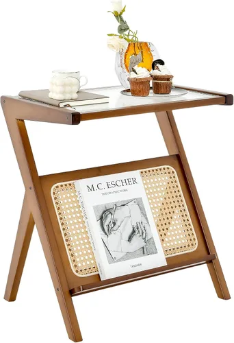 Miniatura 12 de GOFLAME Juego de 2 mesas auxiliares de ratán, mesa auxiliar en forma de Z con parte superior de vidrio templado, revistero, mesita de noche bohemia