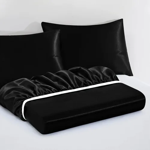 Miniatura 3 de VACVELT Juego de sábanas de satén con bolsillo extra profundo de 3 piezas, juego de cama tamaño California King, sábana bajera negra para colchón
