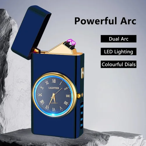 Encendedor USB recargable a prueba de viento con llama de arco doble, luz LED, pantalla fresca, diseño duradero, ideal para camping, senderismo,