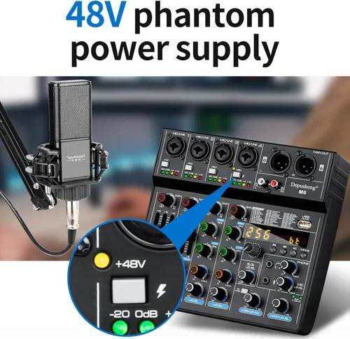 Miniatura 4 de Depusheng M6 Mezclador DJ portátil de 6 canales con Bluetooth, consola de mezcla de sonido MP3 incorporada con 256 efectos digitales, 48V Phantom