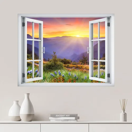 Miniatura 9 de SIGNWIN Adhesivo de pared removible/Mural de pared Vista de ventana Cordillera nublada Bosque Naturaleza Vida silvestre Fotografía Realismo Paisaje