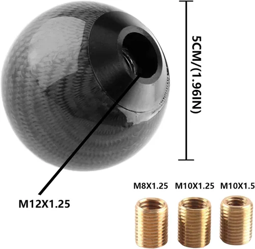 Miniatura 2 de Pomo de palanca de cambios redondo de bola de 5 y 6 velocidades de fibra de carbono para vehículos manuales y automáticos con adaptadores M12x1.25