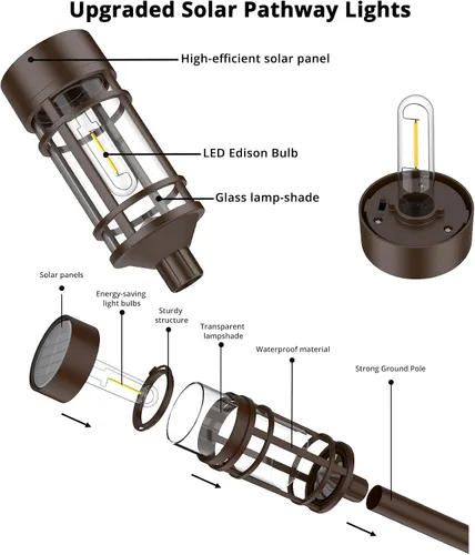 Miniatura 6 de ILANCK Luces solares para caminos, luces solares para exteriores, paquete de 8 unidades, diseño de metal y vidrio, impermeable, encendido y apagado