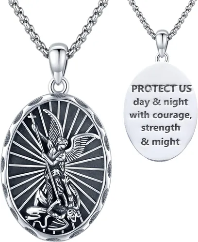 Odinstone Collar de plata de ley 925 con medalla de San MiguelSan CristóbalSan BenitoCrucifijo de JesúsSan UrielArcángel Rafael para hombres y