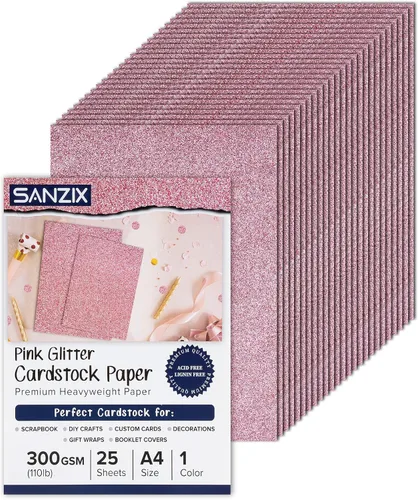 SANZIX 25 hojas de papel de cartulina rosa con purpurina de 8.2 x 11.7 pulgadas, 110 libras, 300 GSM, papel pesado con purpurina rosa brillante |