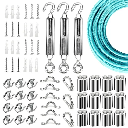 Miniatura 38 de Kit de suspensión de luces de cuerda de globo, cable guía de luz para exteriores, cable de acero inoxidable recubierto de vinilo, incluye 50 pies