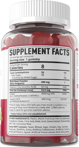 Miniatura 9 de Gomitas de raíz de remolacha con hierro, metilo B12, folato, vitamina C. Aumenta los niveles de óxido nítrico y hierro, apoyo energético, combate