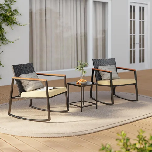 Miniatura 3 de Gizoon Juego de 3 piezas de bistró de patio mecedora con reposabrazos antiquemaduras, juego de muebles de mimbre para patio al aire libre con mesa
