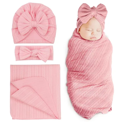 Miniatura 21 de DRESHOW BQUBO Manta de recepción para recién nacido, cálida para niñas con sombrero de lazo y diadema de lazo, regalo para baby shower 1 juego