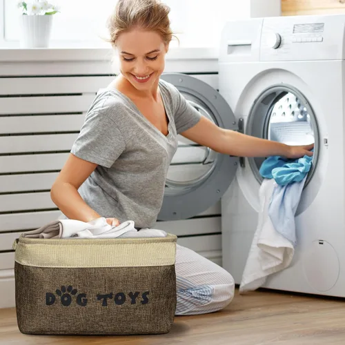 Miniatura 6 de PET ARTIST Cesta de juguetes para perros, caja plegable para juguetes para perros con asas cómodas, organizador grande de almacenamiento de juguetes