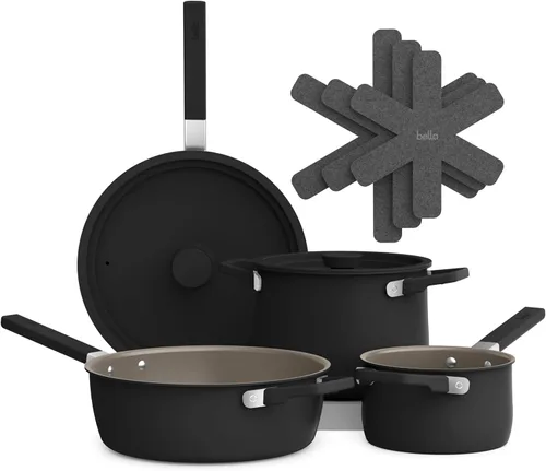 BELLA - Juego de 9 piezas de ollas y sartenes de cerámica antiadherente, apto para cualquier cocina con revestimiento EverGood™, apto para
