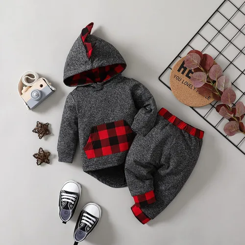 Miniatura 3 de Conjunto de ropa para bebé niño a cuadros para otoño e invierno, de manga larga, sudadera con capucha y pantalones