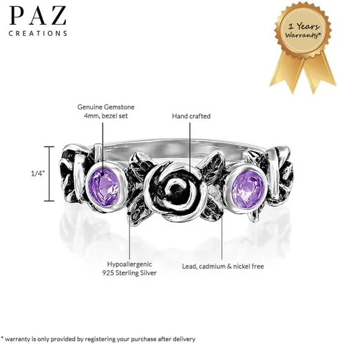 Miniatura 3 de Paz Creations Ring For Women - 925 Sterling Silver Vintage Rings For Woman - Handcrafted Rose Flower Design With Gemstones - Jewelry with One Year