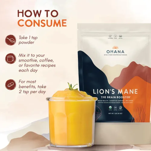 Miniatura 4 de Ohana Lion's Mane, mezcla de polvo de hongos orgánicos, suplemento orgánico de hongos integrales USDA, sin OMG, sin gluten, bolsa de 1 libra