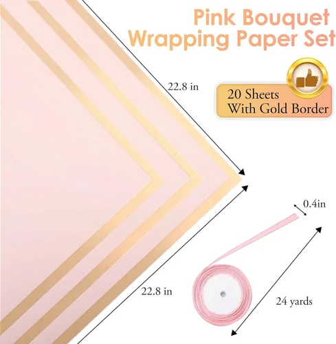 Miniatura 2 de ROADPLUM 20 hojas de papel de regalo de flores, kit de ramo de papel de regalo floral rosa con 100 alfileres de ramo de diamantes, 60 mariposas