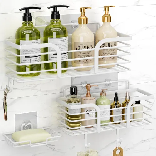 Miniatura 10 de Yougai Organizador de ducha con soporte para jabón y ganchos, estantes de ducha inoxidables, organizadores de baño sin perforaciones y Negro