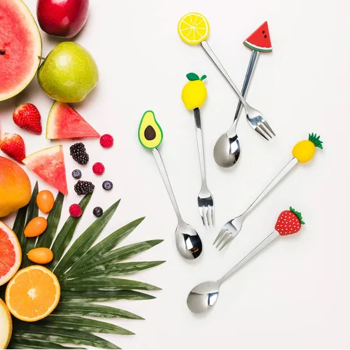 Miniatura 3 de Cucharas y tenedores pequeños de acero inoxidable y silicona, juego de 6 piezas, formas de frutas para frutas, queso, aperitivos Fruitilicious