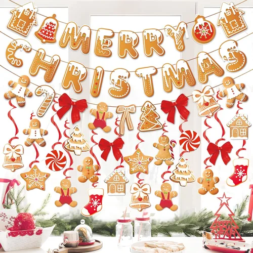 Pancartas de Feliz Navidad, tema de pan de jengibre, decoración de fiesta navideña preencordada con 20 espirales colgantes para el hogar, la oficina