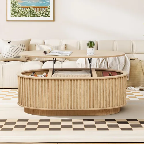 Miniatura 3 de Mesa auxiliar ovalada de 43.3 pulgadas, mesa de centro acanalada con compartimento de almacenamiento oculto, mesa de comedor moderna de mediados