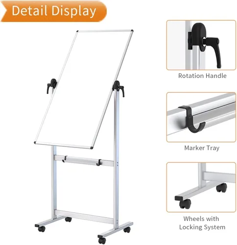 Miniatura 5 de VIZ-PRO Pizarra magnética móvil de doble cara, 48 x 24 pulgadas, orientación vertical, marco de aluminio y soporte