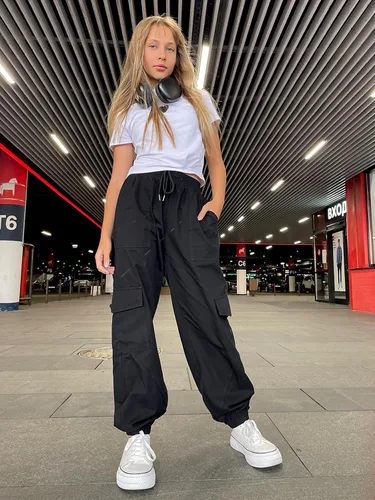 Miniatura 3 de Pantalones cargo para niñas, cintura elástica, pantalones casuales para niñas, ropa de calle, paracaídas sueltos con bolsillos, de 7 a 14 años