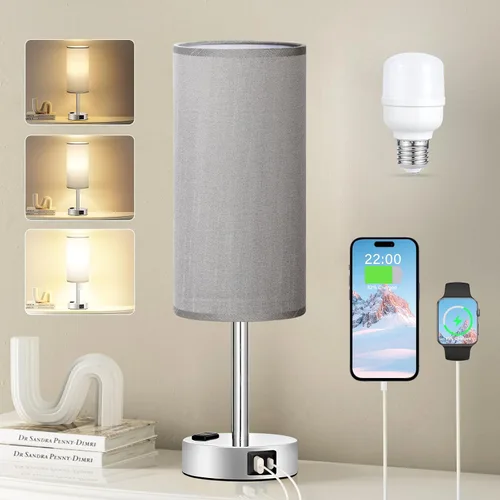 Miniatura 27 de Fenmzee Juego de lámparas de mesa pequeñas táctiles regulables de 2 a 3 vías, carga USB A + C, salida de CA, base de grano de madera, bombillas