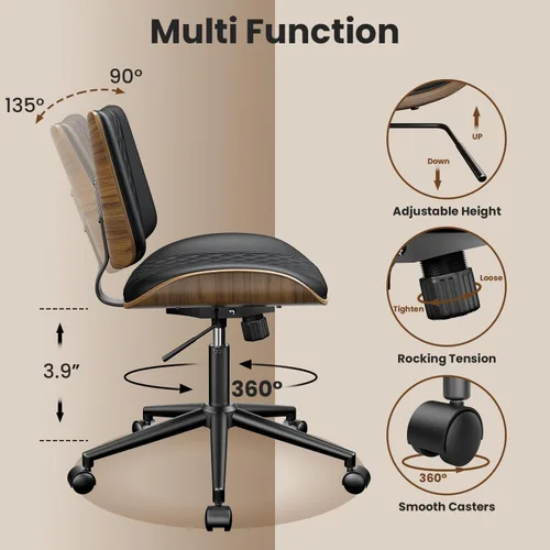 Miniatura 3 de YaFiti Silla de oficina sin brazos, silla de escritorio moderna de mediados de siglo con respaldo de madera de nogal y elevación de gas SGS nivel 3