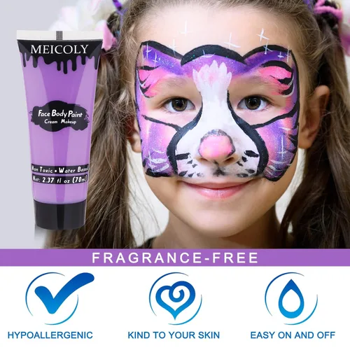 Miniatura 7 de MEICOLY Pintura facial color morado claro crema, tubo grande de 2.37 onzas, pintura de cuerpo completo a base de agua para adultos y niños, pintura